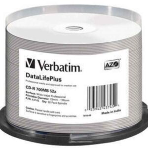 Verbatim CD-R 80min/700MB/52x Cakebox (50 Disc) InkJet Printable White Fullsize Surface 43745