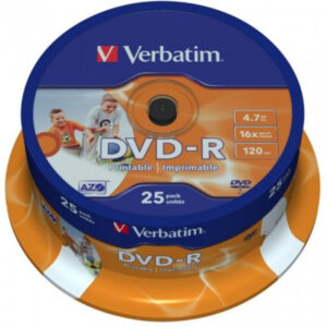 Pack de 25 DVD-R 4.7GB Verbatim 16x d?encre blanc imprimable Cakebox 43538