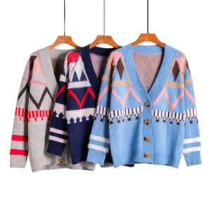 Geometric Print Leisure Sweater Cardigan Women Autumn Winter Long Sleeve Patchwork Sweater Casual Female Button Tops 2