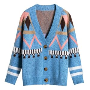 Geometric Print Leisure Sweater Cardigan Women Autumn Winter Long Sleeve Patchwork Sweater Casual Female Button Tops