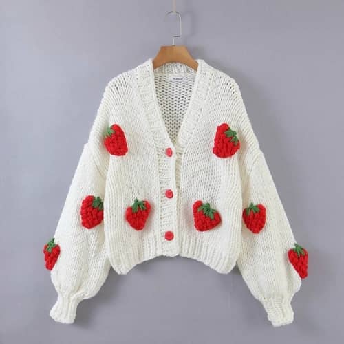 Black Friday & Cyber Monday: Strawberry Embroidered Patchwork Cardigan for Women – Handmade - Shoppydeals