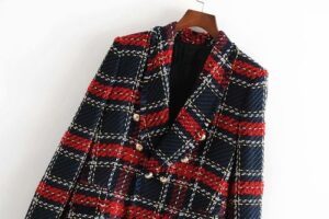 Vintage Women Red Plaid Tweed Blazer Coat Elegant Double Breasted Tassel Suit Jacket Winter Long Sleeve 2