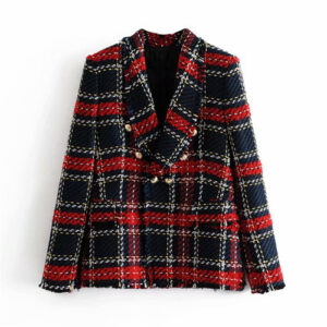 Vintage Dames Rode Geruite Tweed Blazer Jas Elegante Double Breasted Kwastje Jasje Winter Lange Mouw