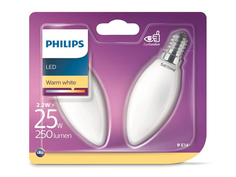 Stroomverbruik: Philips LED warm wit E14 2.2W=25W 250 Lumen (2 St.)