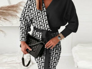 Midi-jurk met V-hals en lange mouwen voor dames - Shoppydeals.com