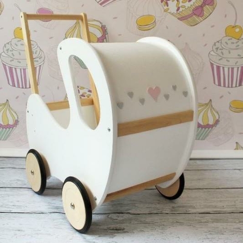 Witte en natuurlijke handgemaakte houten kinderwagen - Shoppydeals.fr